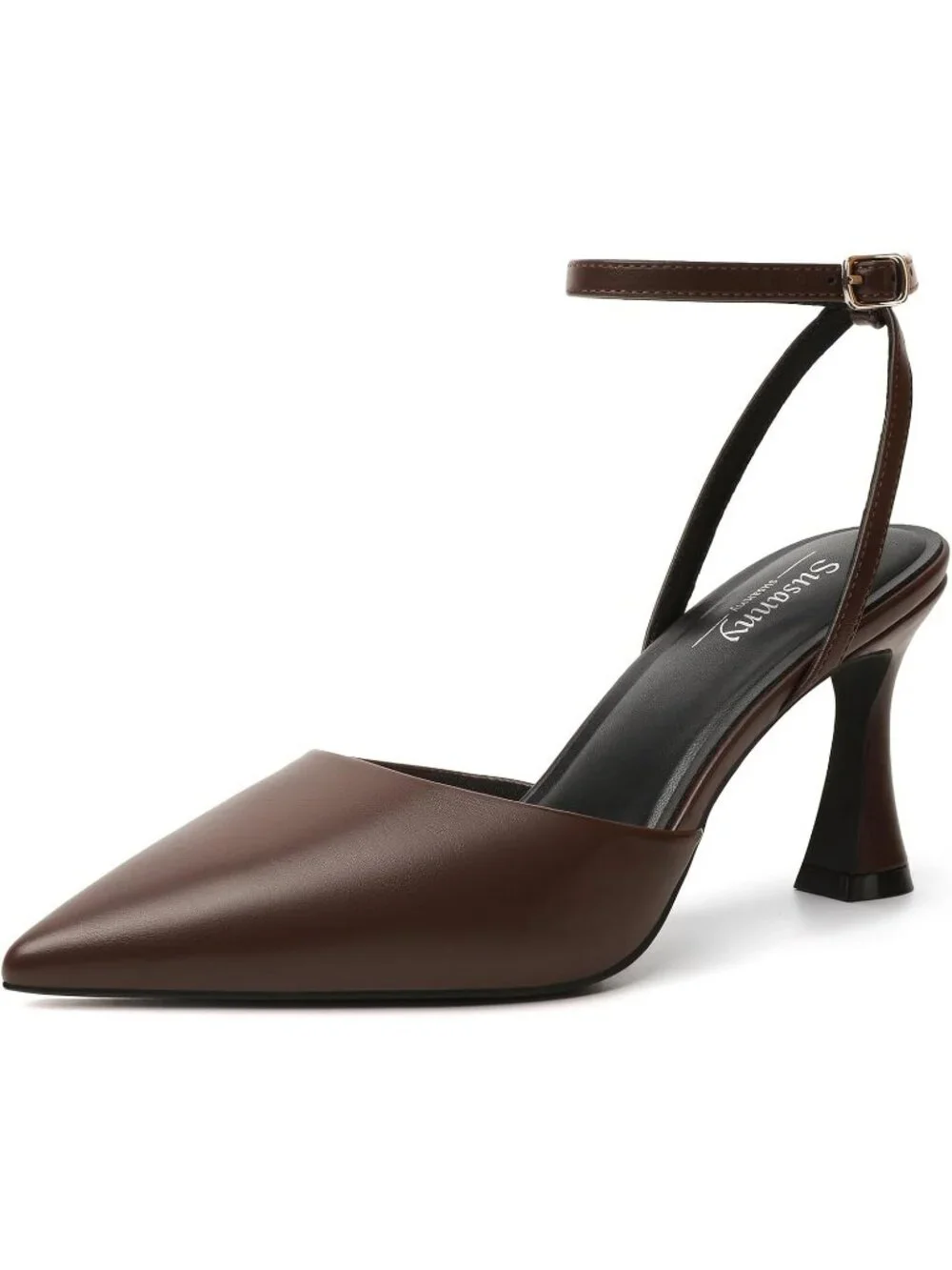 Women's Brown Flared Heel Elegant Closed Pointed Toe Strappy Stiletto Pump Shoes